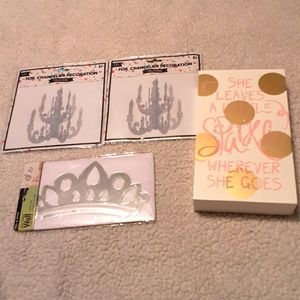 2 foil chandeliers, peel & stick crown, wall decor